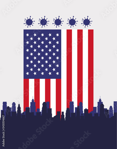 covid19 pandemic particles in usa flag and cityscape