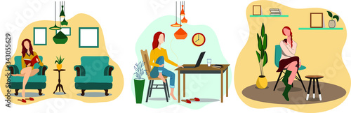 Set of freelance people. Woman working from home remotely. Home office workplace. Teenage girl student preparing for exams at home. Distance education. Online studying. Vector flat illustration.