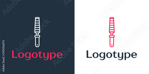 Logotype line Chisel tool for wood icon isolated on white background. Logo design template element. Vector Illustration