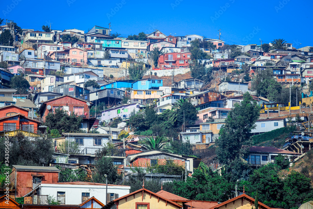 Colorful and Bright Houses on the Mountain Hills of Valparaiso, Chile