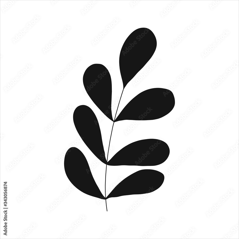 Black tropical leaf silute on an isolated white background. Botanical tree branches, palm leaf on the stem. Spring summer leaf. Concept design logo icon for the application. Vector illustration. Black tropical leaf silute on an isolated white background. Botanical tree branches, palm leaf on the stem. Spring summer leaf. Concept design logo icon for the application. Vector illustration.