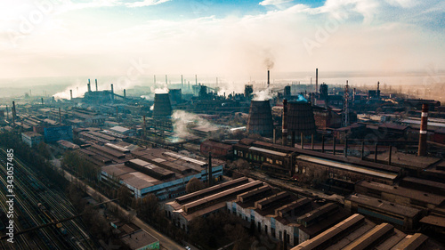 metallurgical production plant full cycle smoke from pipes bad ecology aerial photography