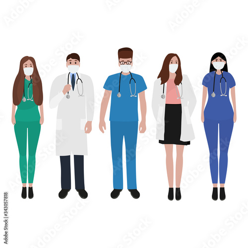 Young male and female doctors with stethoscope in a hospital. Cartoon flat, vector illustration