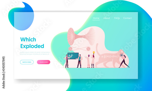 Scientific Landing Page Template. Tiny Scientists Characters Solve Quantum Mechanics Formulas, Cat of Schrodinger Equation, Quantum Field Theory and Tunneling. Cartoon People Vector Illustration
