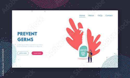 Coronavirus Infection Prevention, Disinfect Landing Page Template. Female Character in Mask Stand at Huge Bottle with Alcohol Sanitizer Disinfectant, Antibacterial Liquid. Cartoon Vector Illustration