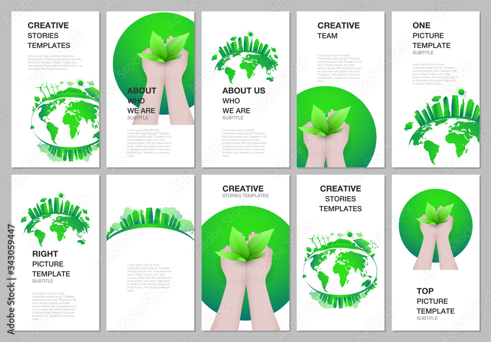 Social networks stories design, vertical banner or flyer template. Covers design templates for flyer, leaflet, brochure cover, banner. Green city concept. Green energy, sustainable development concept Social networks stories design, vertical banner or flyer template. Covers design templates for flyer, leaflet, brochure cover, banner. Green city concept. Green energy, sustainable development concept