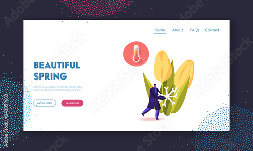 Cold and Freezing Spring Time Weather Landing Page Template. Tiny Male Character Carry Huge Snowflake at Blooming Tulips and Thermometer Showing Low Temperature Outside. Cartoon Vector Illustration