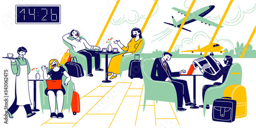 Male and Female Characters Waiting Airplane Departure in Airport Business Lounge. People Sitting in Comfortable Armchairs at Coffee Tables Chatting, Working on Laptops. Linear Vector Illustration