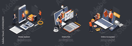 Isometric 3D Online Test, Accountant And Mobile Assistant. Customer Online Support, Testing And Education. Professional Specialists Offer Their Services Online And Remotely. Vector Illustrations Set