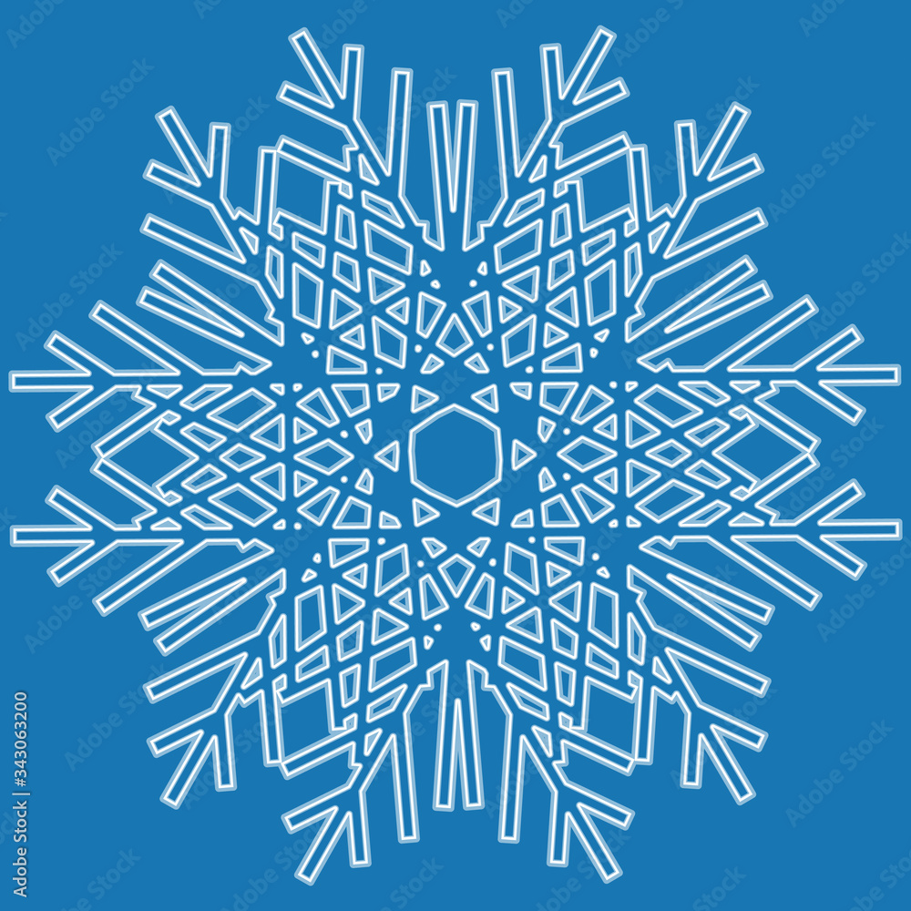 White snowflake logo with shadow. Winter crystal isolate icon on blue background. Jpeg illustration White snowflake logo with shadow. Winter crystal isolate icon on blue background. Jpeg illustration