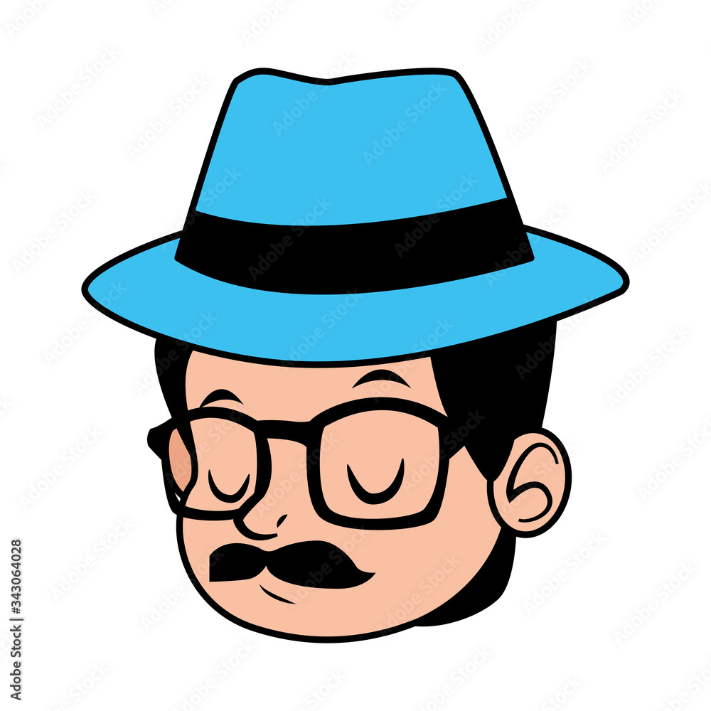 cute little boy head with hat and mustache