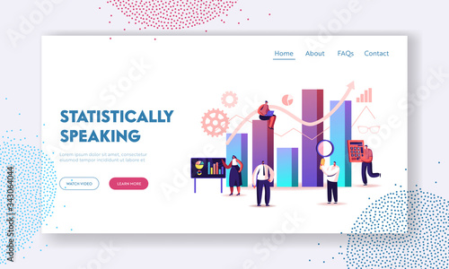 Science Statistics Landing Page Template. Tiny Characters at Touch Screen and Huge Column Data Chart Analysis. Hitech Technology Solutions with Development Graphs. Cartoon People Vector Illustration