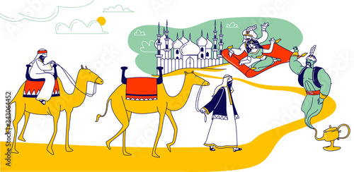 Arabian Fairytale Concept. Fantasy Personages Aladdin and Jasmine Princess Characters Flying on Carpet in Desert, Camel Caravan, Arab Merchant and Geine in Wish Lamp. Linear People Vector Illustration