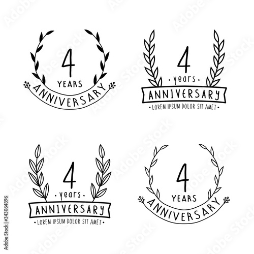 4 years anniversary logo collection. 4th years anniversary celebration hand drawn logotype. Vector and illustration.

