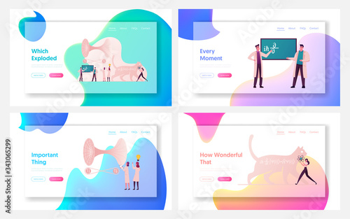 Tiny Scientists Characters Solve Fundamental Quantum Mechanics Formulas Landing Page Template Set. Cat of Schrodinger Equation, Quantum Field Theory and Tunneling. Cartoon People Vector Illustration