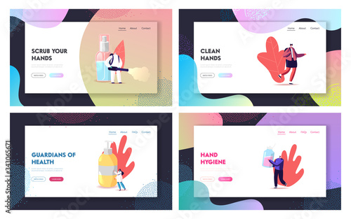 Tiny Characters Wash Hands with Antibacterial Soap Sanitizers Landing Page Template Set. Coronavirus Prevention Measures, Worker with Fogger Spraying Disinfectant. Cartoon People Vector Illustration