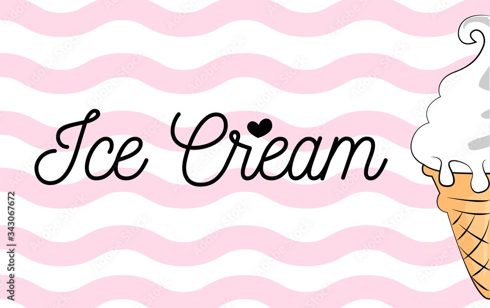 Waffle cone with ice cream on a pink background. Vector illustration.