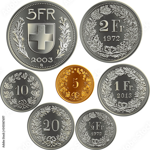 Set of Swiss Francs money, official coin in Switzerland, reverse faces with federal coat of arms, value, year, branches of plants