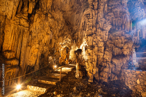 Melidoni cave with stalactites and stalagmites on the island of Crete, Greece