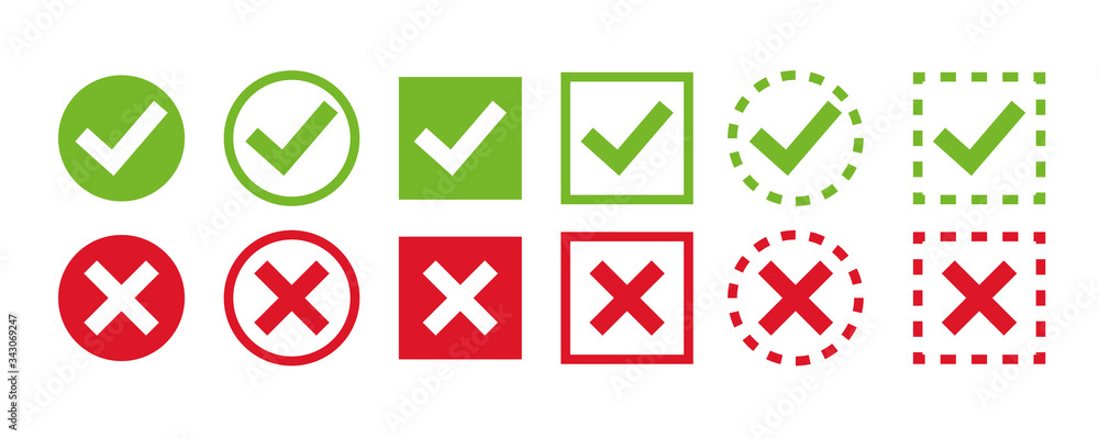 Set green check marks and red crosses of simple web buttons. Circle and square. Large collection of flat buttons. Set green check marks and red crosses of simple web buttons. Circle and square. Large collection of flat buttons.