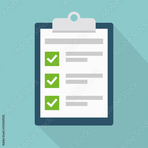 Clipboard with check list flat vector icon with long shadow. To-do list, survey, exam concepts. Vector illustration.