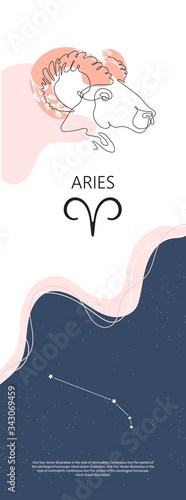 Zodiac background. Aries constellation. One line. Minimalistic graphics.