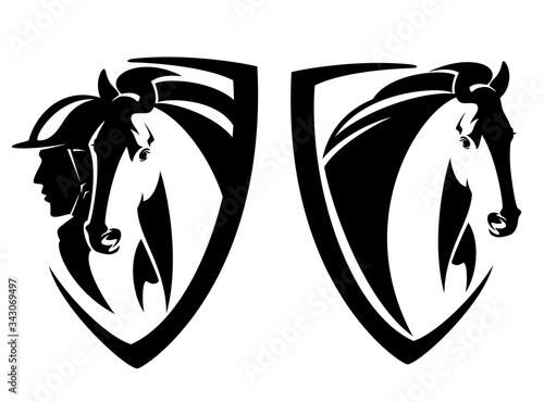 jockey rider and horse head in heraldic shield - equestrian sport black and white vector design set