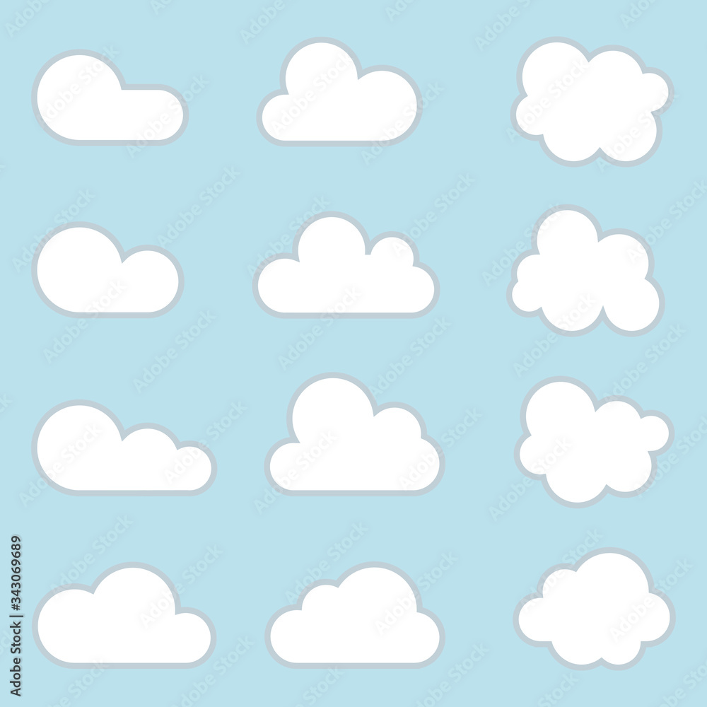 Set cloud vector icon. Flat of white clouds isolated on blue background. Vector illustration EPS 10. Set cloud vector icon. Flat of white clouds isolated on blue background. Vector illustration EPS 10.
