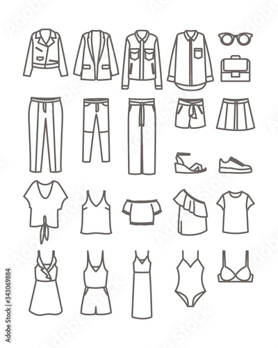 Set of clothes icons, thin line style. Clothing outline,monochrome icons in set collection for design. 