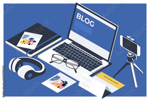 Blog Blogging Homepage Social Media Network Concept. Vector isometric illustration