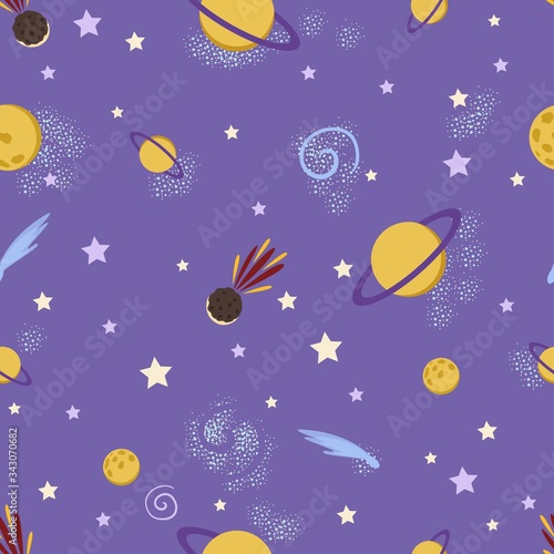Space cosmos seamless pattern with planets, stars, meteors and galaxy. Vector illustration for textile, fabric, wallpaper.