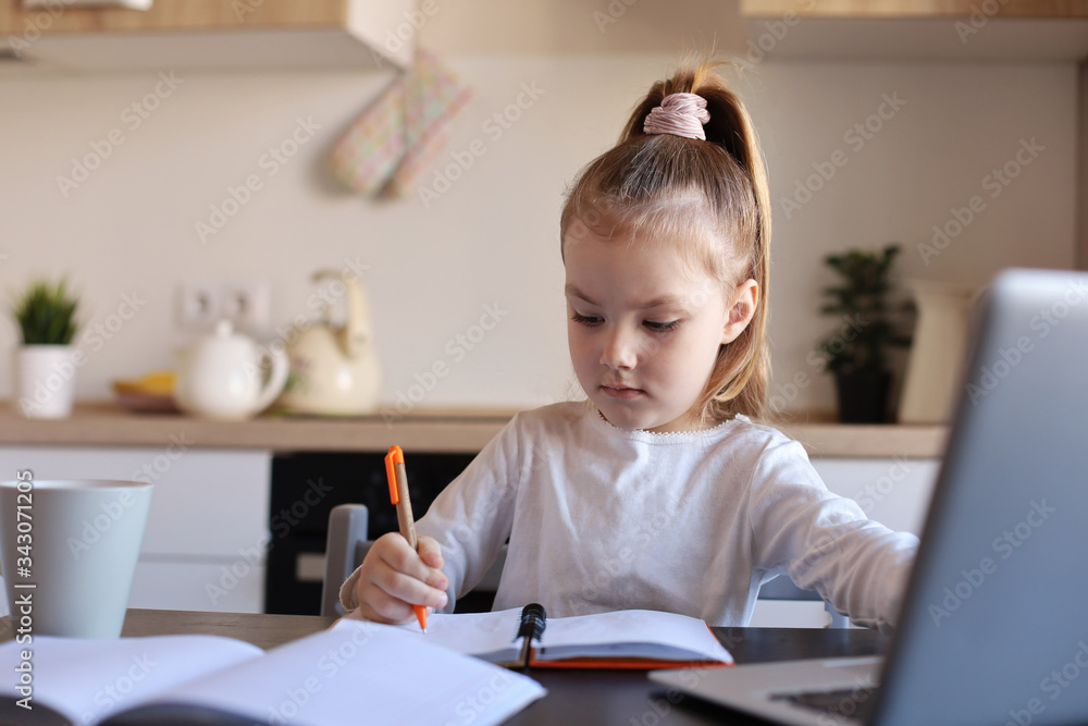 Serious little girl handwrite study online using laptop at home, cute happy small child take Internet web lesson or class on PC. Serious little girl handwrite study online using laptop at home, cute happy small child take Internet web lesson or class on PC.