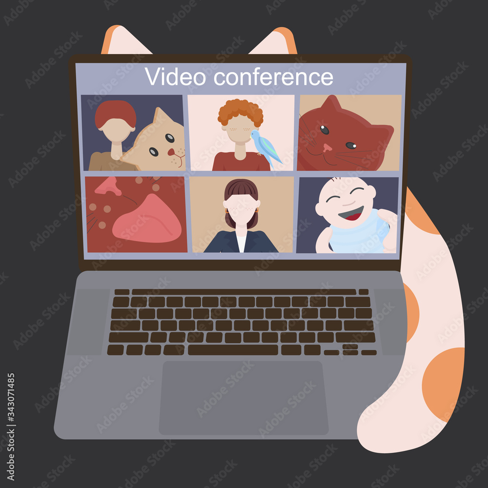 Vector illustration work at home. Video conference on computer with coworker and pet Vector illustration work at home. Video conference on computer with coworker and pet