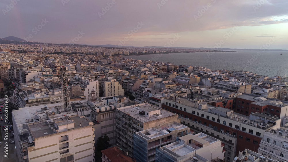 Aerial view of Thessaloniki city, Greece. Sunset. 