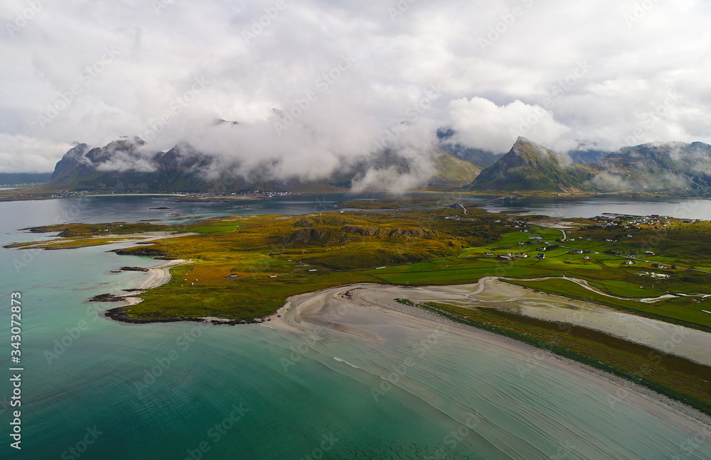 Lofoten Islands Aerial Landscape, Sunny Norway Seascape Panorama from Above