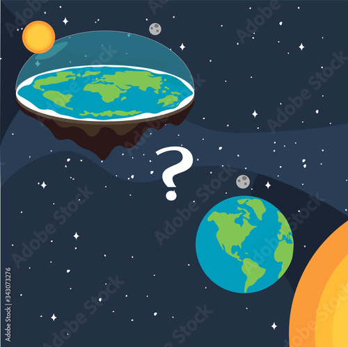 Theory of flat earth. Flat Earth in space with sun and moon. Vector illustration. 