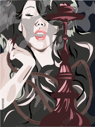 Beautiful woman smoking a hookah and smoke issues from the mouth. Vector illustration