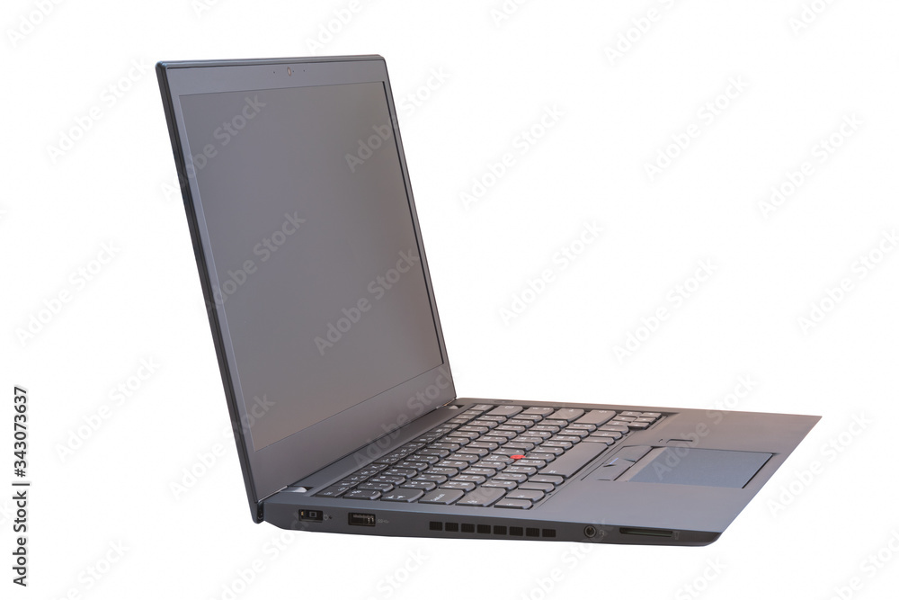Side view of black laptop with black screen isolated on white background Side view of black laptop with black screen isolated on white background