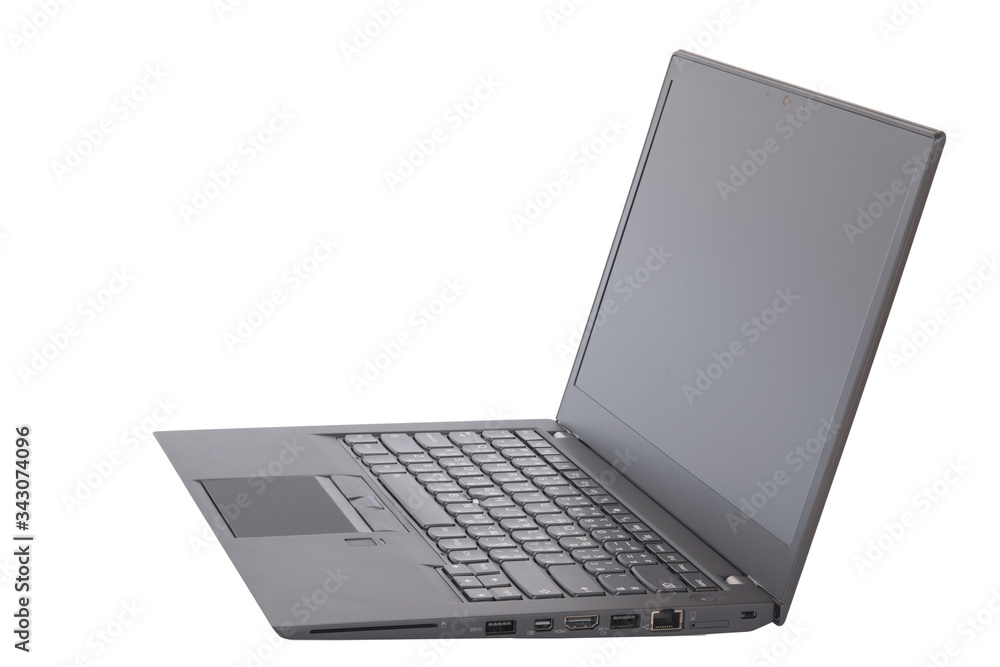 Side view of black laptop with black screen isolated on white background Side view of black laptop with black screen isolated on white background