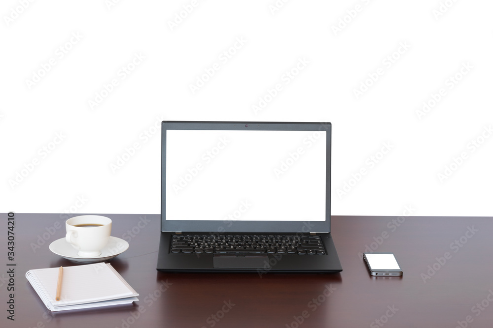 Brown desk with Laptop, notebook computer, mobile isolate on white background for business background Brown desk with Laptop, notebook computer, mobile isolate on white background for business background