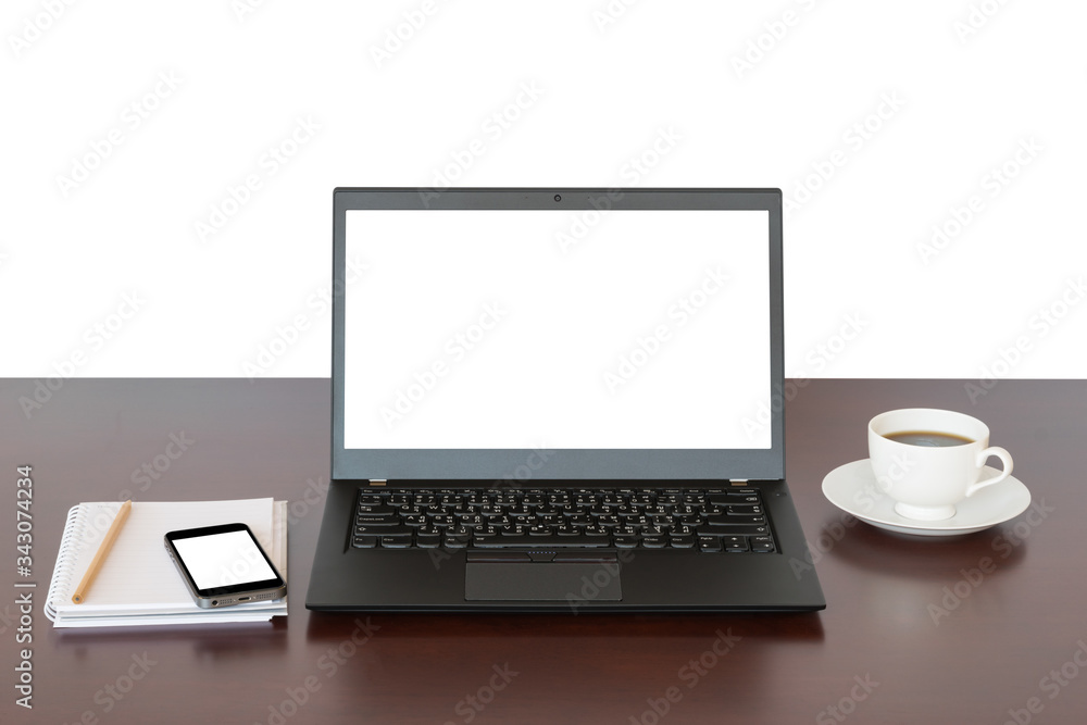 Brown desk with Laptop, notebook computer, mobile isolate on white background for business background Brown desk with Laptop, notebook computer, mobile isolate on white background for business background