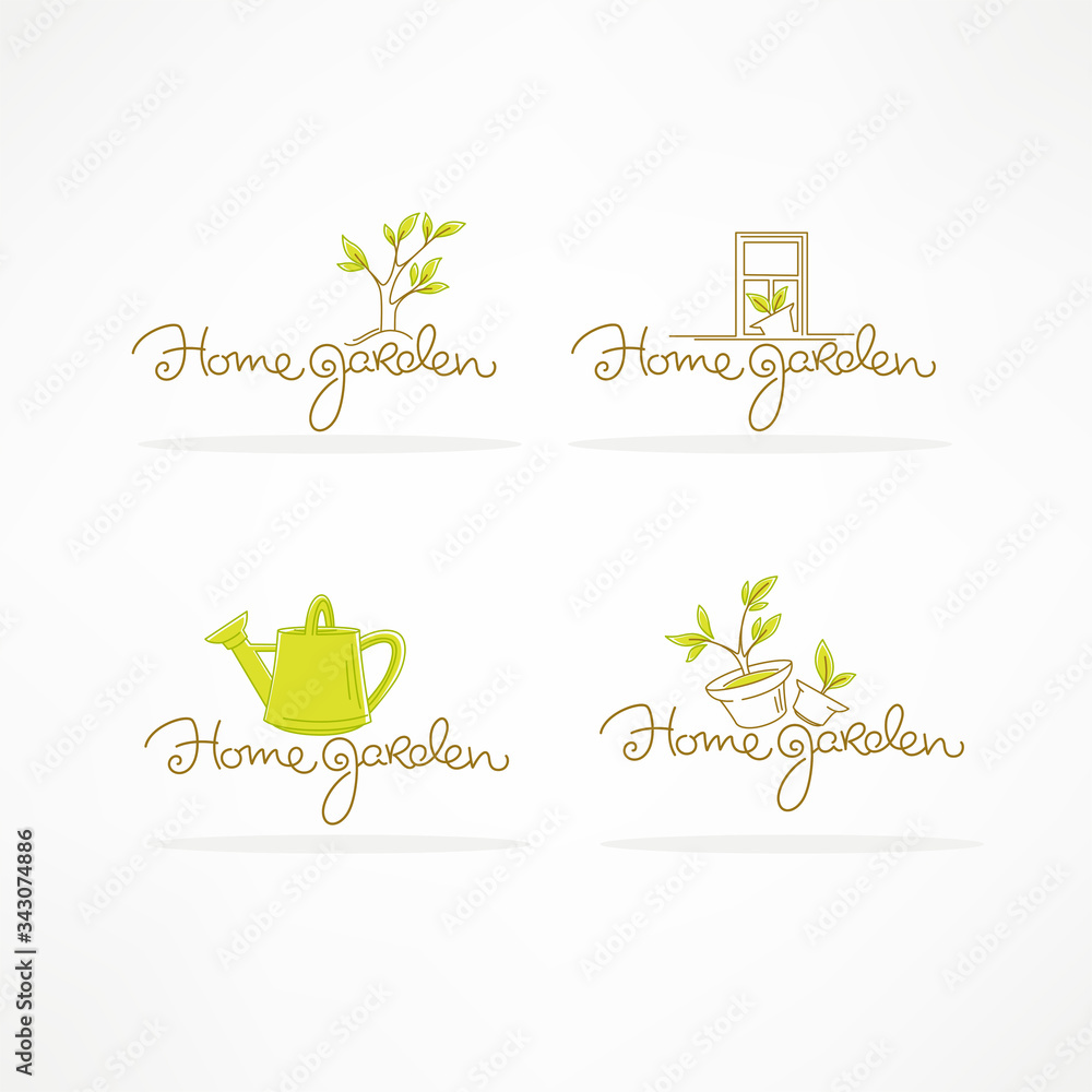 Home Garden vector logo template with line art image of plant, pot and doodle calligraphy lettering composition Home Garden vector logo template with line art image of plant, pot and doodle calligraphy lettering composition