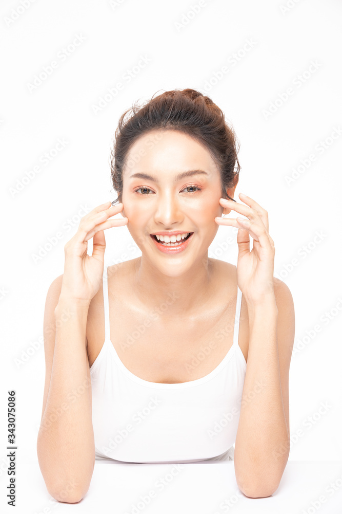 Beautiful Asian woman touching soft cheek smile with clean and fresh skin Happiness and cheerful with positive emotional,isolated on white background,Beauty and Cosmetics Concept Beautiful Asian woman touching soft cheek smile with clean and fresh skin Happiness and cheerful with positive emotional,isolated on white background,Beauty and Cosmetics Concept