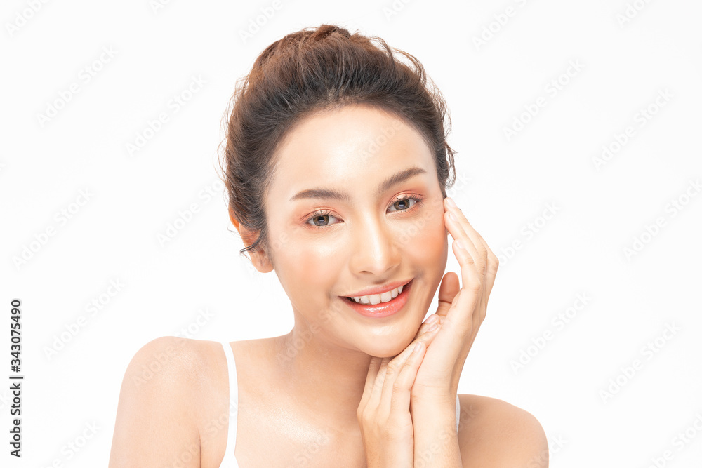 Beautiful Asian woman touching soft cheek smile with clean and fresh skin Happiness and cheerful with positive emotional,isolated on white background,Beauty and Cosmetics Concept Beautiful Asian woman touching soft cheek smile with clean and fresh skin Happiness and cheerful with positive emotional,isolated on white background,Beauty and Cosmetics Concept