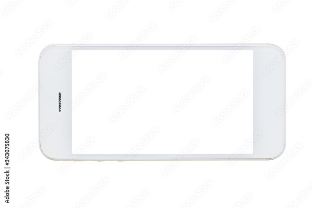 White mobile phone with white monitor isolated on white background in horizontal view White mobile phone with white monitor isolated on white background in horizontal view