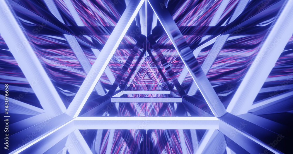 Abstract fashion background, blue pink neon triangular portal, glowing lines, tunnel, corridor, virtual reality, triangular metal arch, triangle. 3d illustration Abstract fashion background, blue pink neon triangular portal, glowing lines, tunnel, corridor, virtual reality, triangular metal arch, triangle. 3d illustration