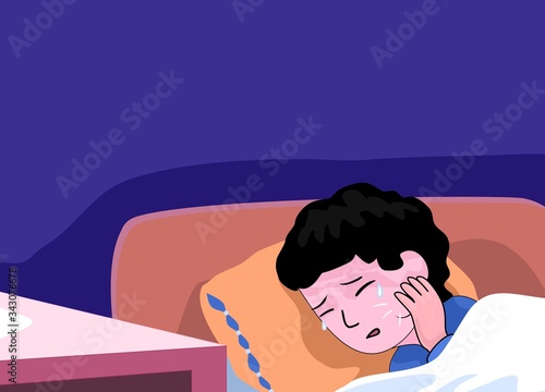 Toothache of a child. Vector illustration. Boy suffering at night in pain. Kid laying in bed have illness. Crying person at bedroom holding cheek. Medical theme. Concept of a dental problem.