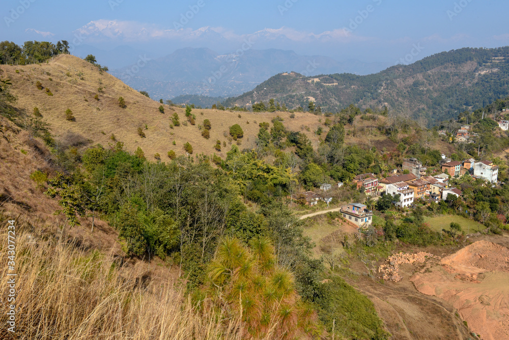 Landscape with the village of Gorkhekot near Tansen in Nepal