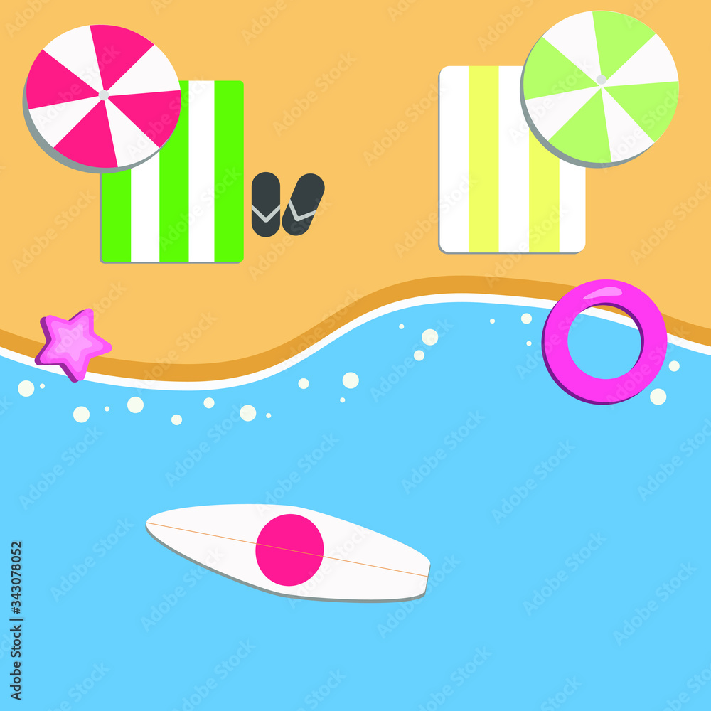 Summer beach with umbrella, surfboard and blue water vector illustration