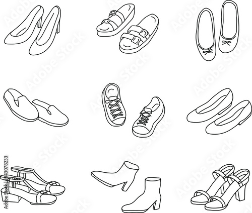 靴の手描きイラストのセット／ファッション／パンプス